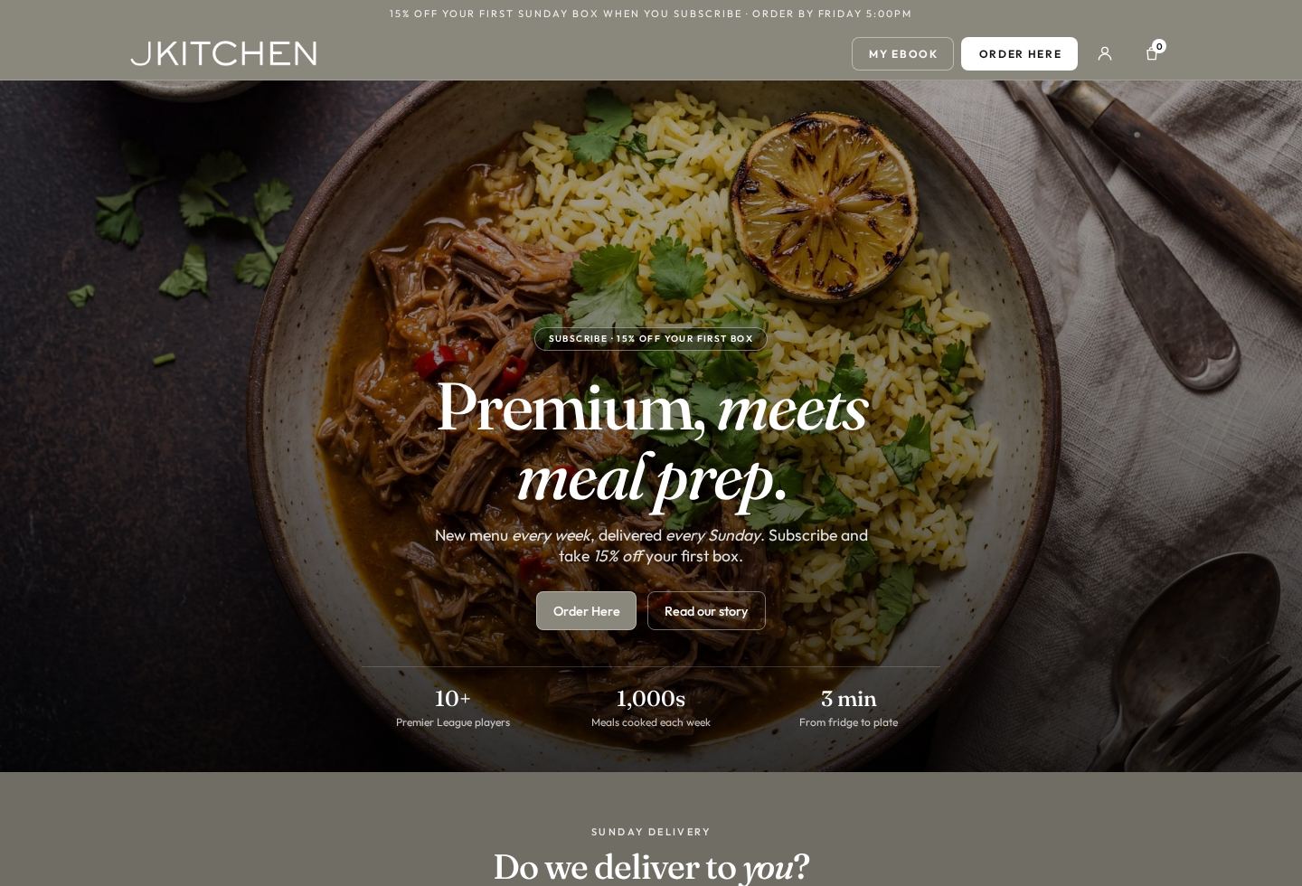 JKitchen Cooks homepage. A bowl of shredded beef and rice, with the headline Premium, meets meal prep.